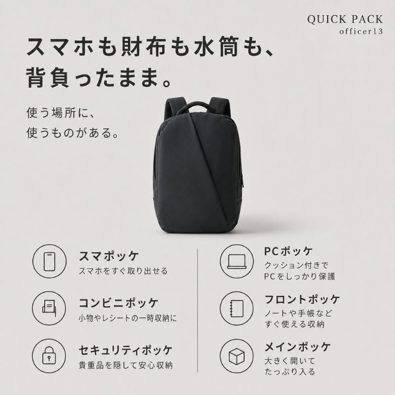 【NEW】探さない、ごちゃつかない快適通勤リュック「QUICK PACK officer 13」 - NIGオンラインストア